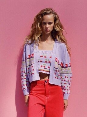 ZARA Cherry Knit Cropped Cardigan Lilac Floral